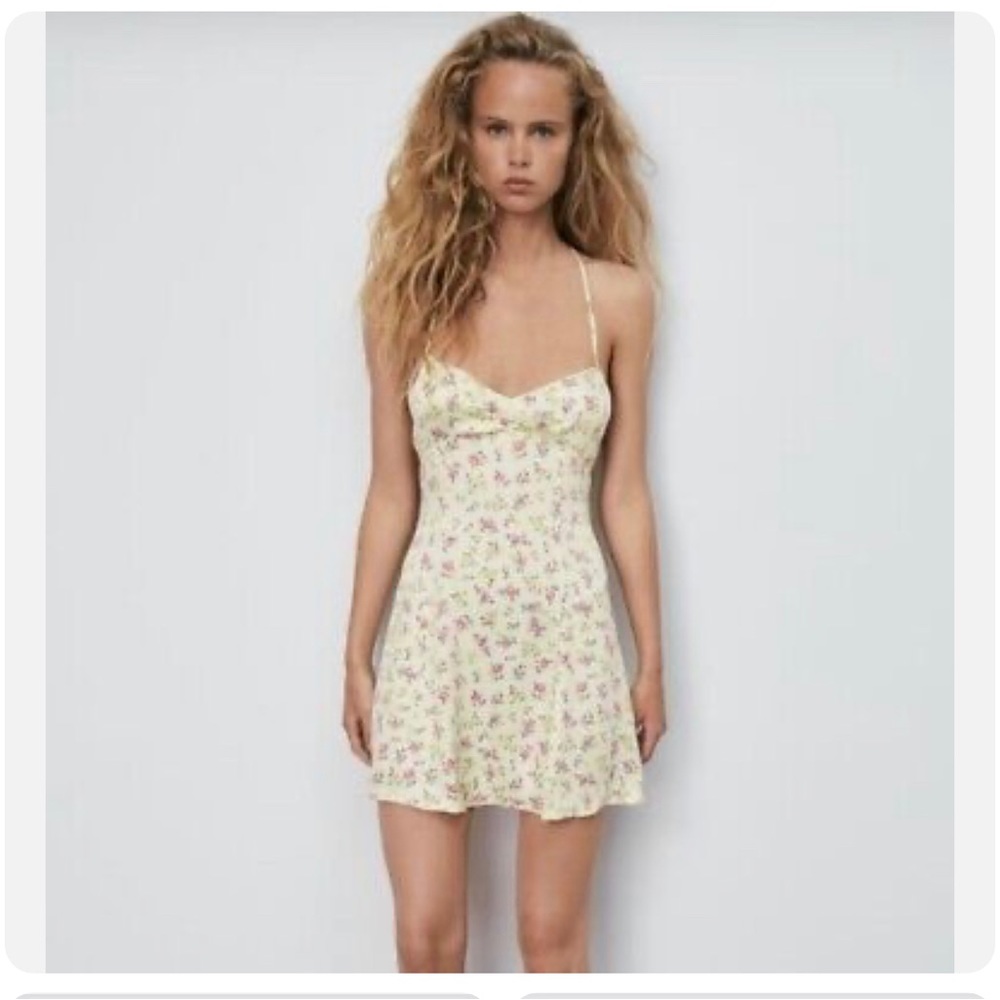 ZARA Light Yellow Floral Print Camisole Satin Slip Mini Dress